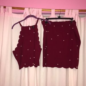 Burgundy skirt set, with super cute pearl appliqué